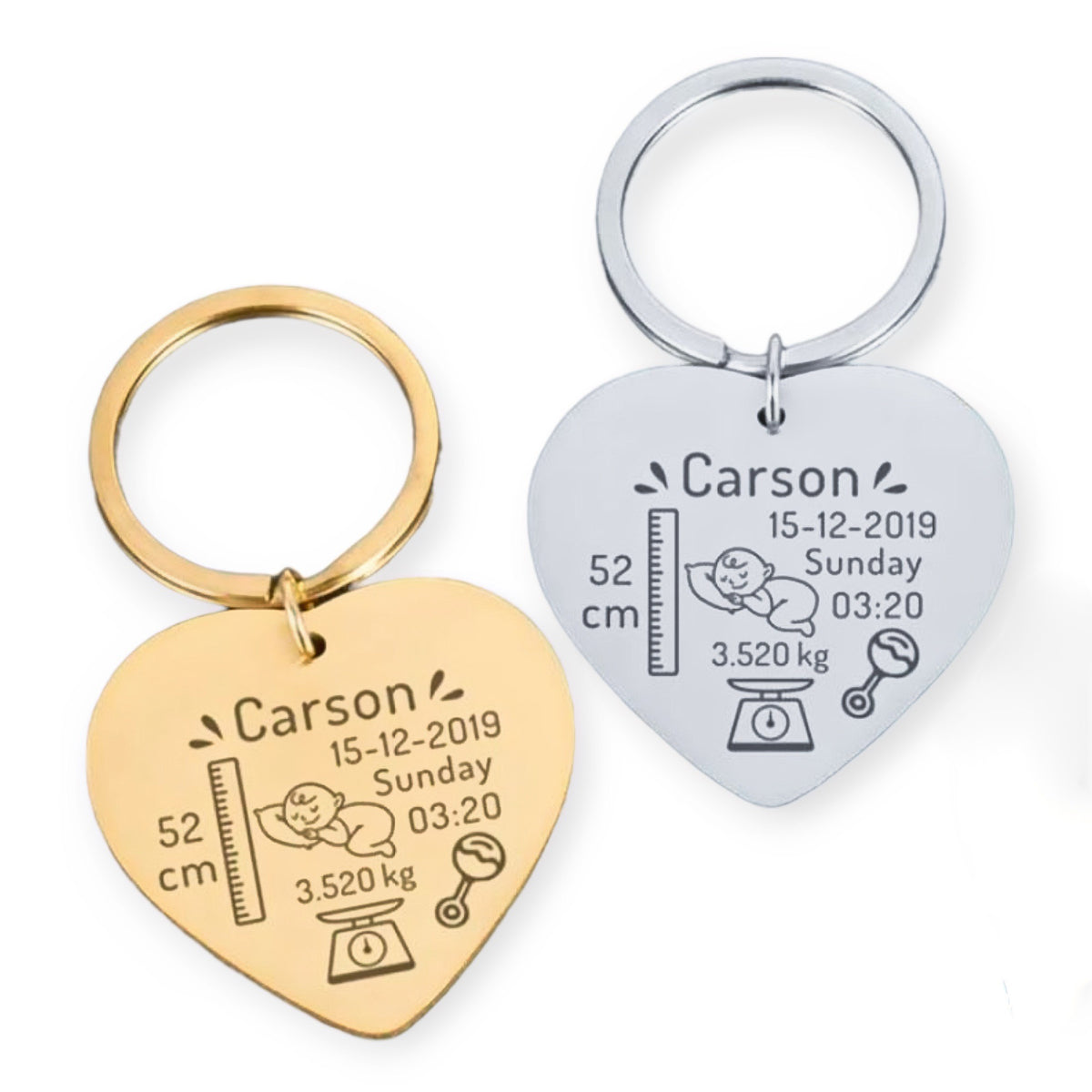 Llavero o collar corazón personalizado con datos de bebé