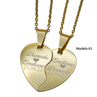 Dúo de dijes personalizados corazón partido - Acero inoxidable