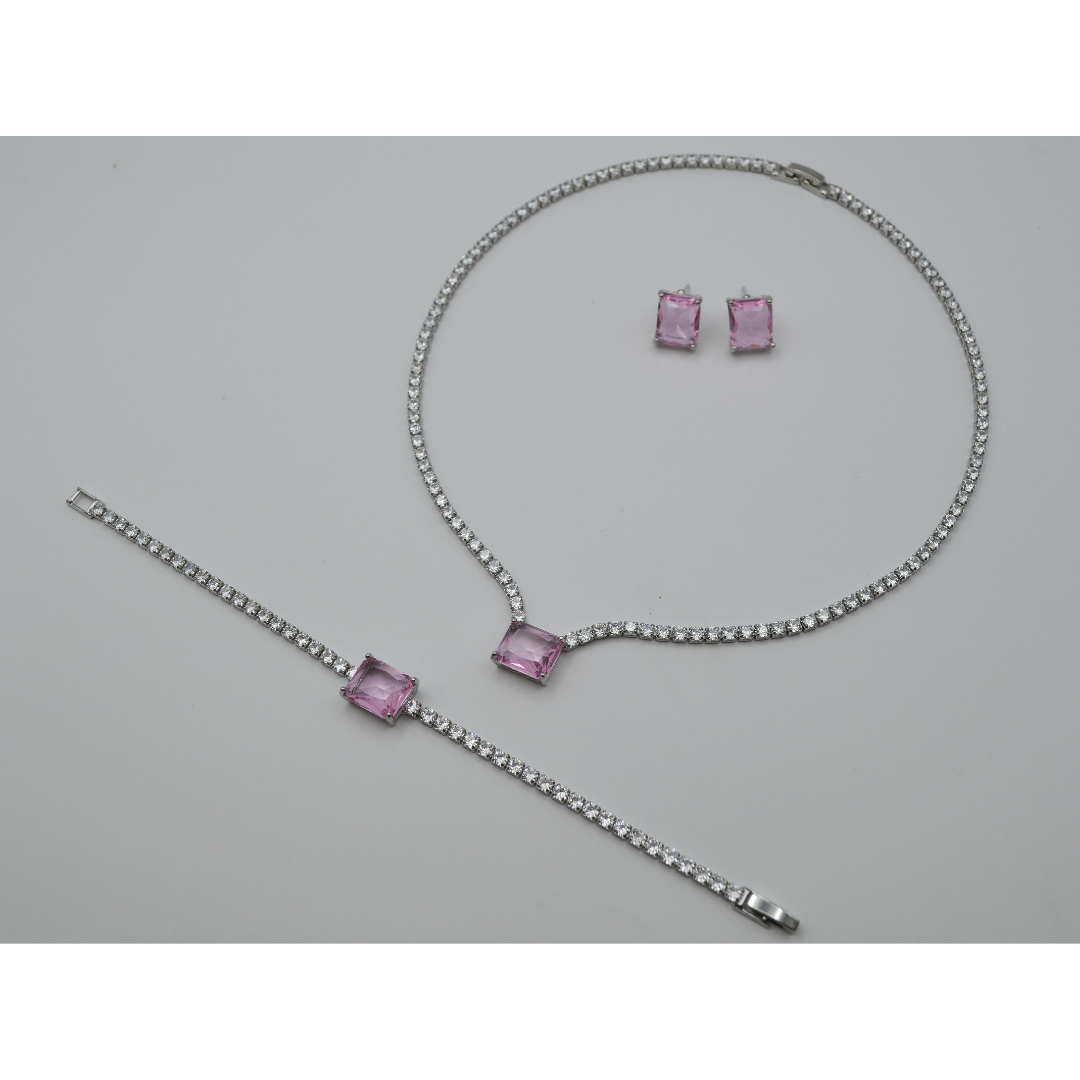 Juego zirconias con zirconia rectangular rosa (collar, pulsera y aretes)