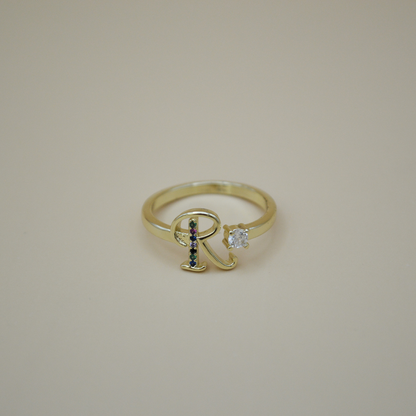 Anillo inicial "R" zirconias colorful