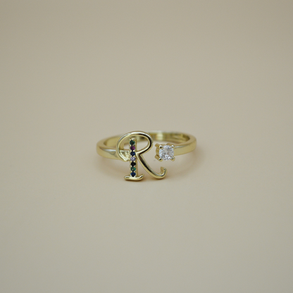 Anillo inicial "R" zirconias colorful