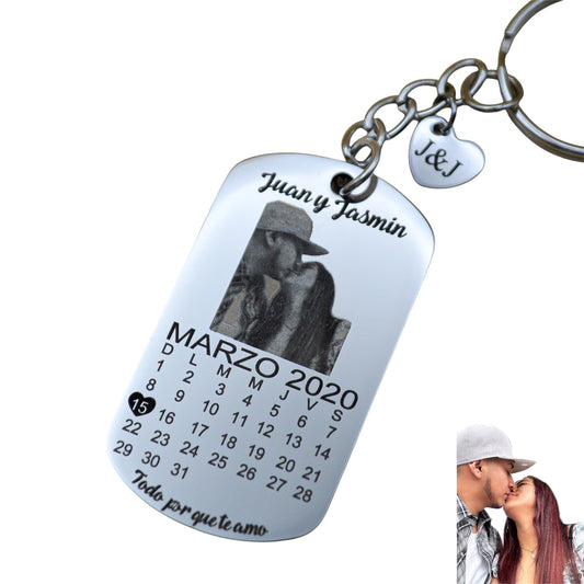 Llavero personalizado con fotograbado y calendario - Acero inoxidable