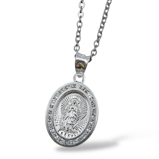 Collar Virgen de Guadalupe ovalada con zirconias - Plata .925