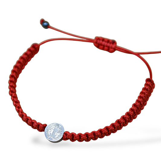 Pulsera San Benito tejida con medalla chica - Acero inoxidable plateado