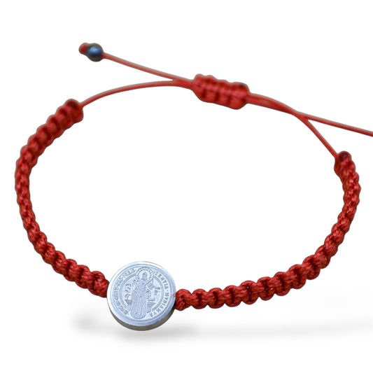 Pulsera San Benito tejida con medalla grande - Acero inoxidable plateado